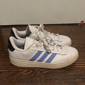 Adidas Women’s White Sneakers with Blue Stripes